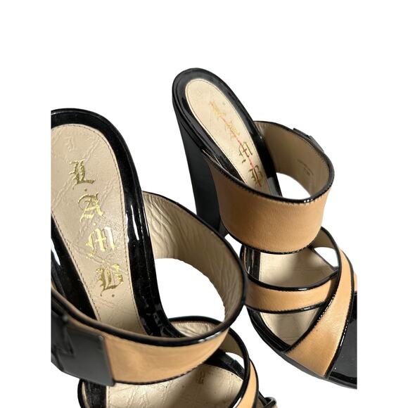 L.A.M.B. Heels Gwen Stefani Camel Tan Black Patent Leather Strappy Shoes 7.5 - Picture 5 of 8